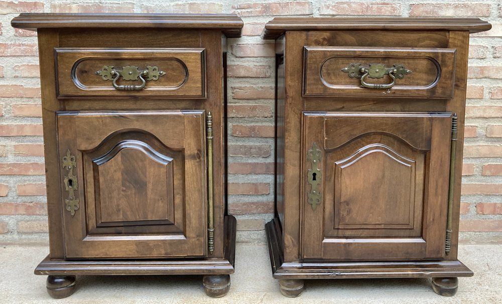 20th Spanish Nightstands With Drawer & Bronze Details, 1920, Set Of 2