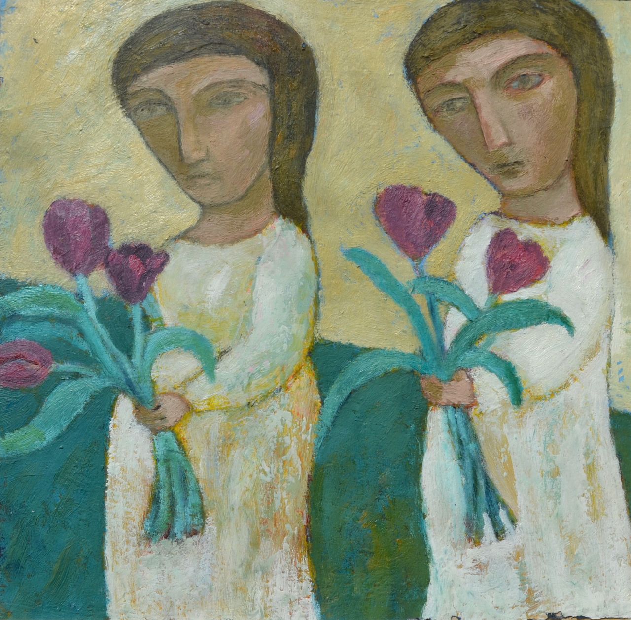 Two Little Girls. Mixed Media Figurative Painting By Celia Roberts