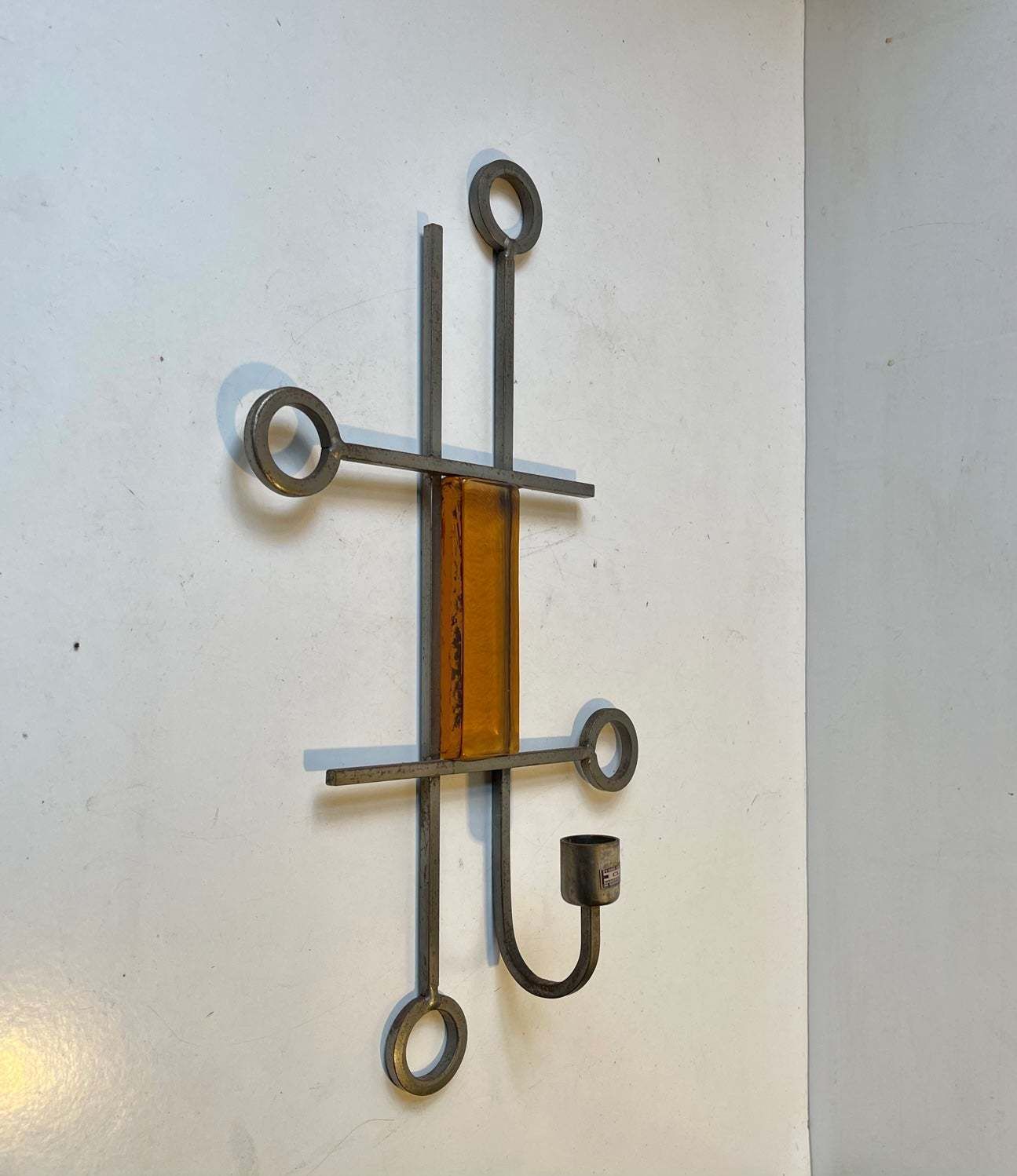 Vintage Modernist Iron And Glass Candle Sconce From Danish Ferro Art 1970s