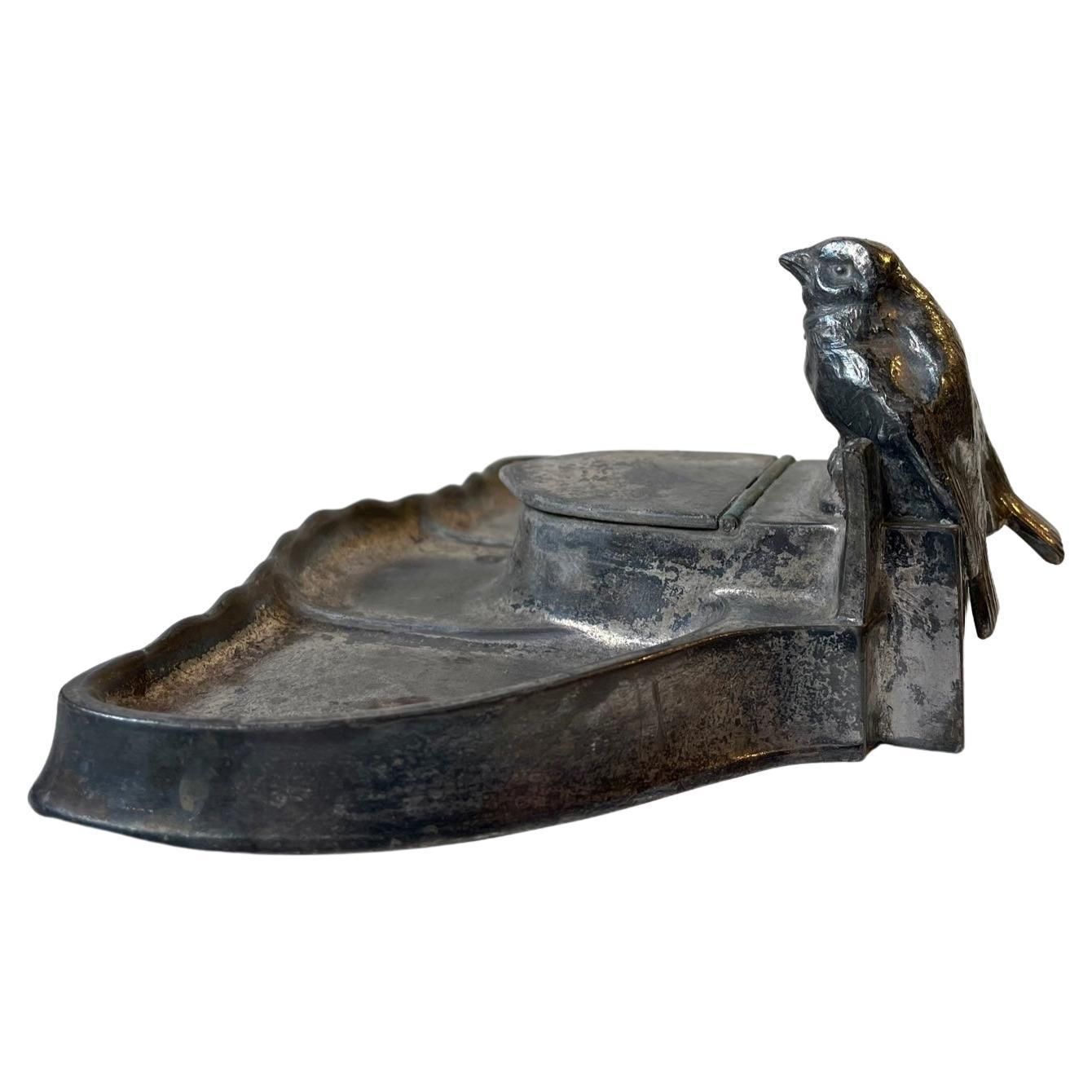 Antique Kayserzinn Pewter Inkwell With Lovebirds  German 1910s