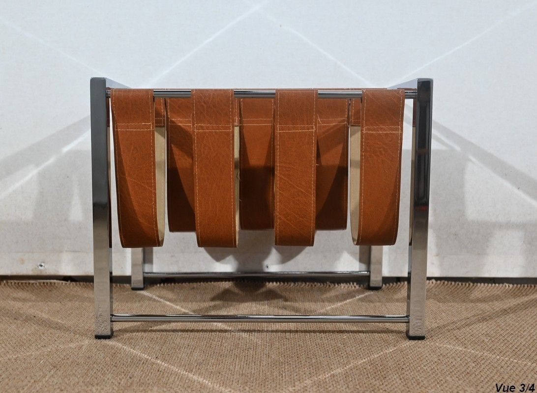 Magazine Rack In Leather And Chrome “Novatrend” – Xxth photo vintage