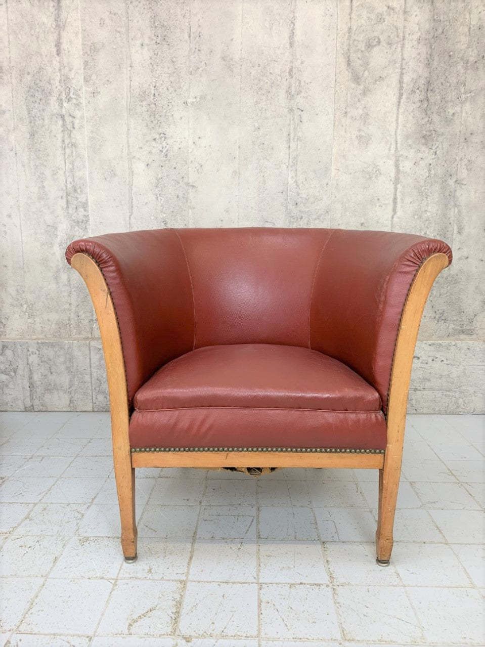 Pair Of Art Deco 1930's Wooden Framed Red Leatherette Armchairs To Reupholster photo for sale
