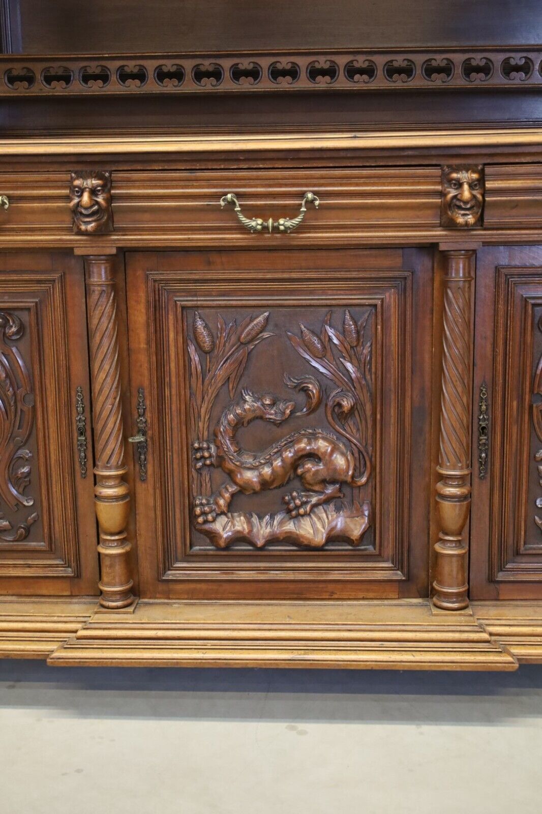 Heavily Detailed Carved Dark Oak Buffet Dragon Carvings photo vintage