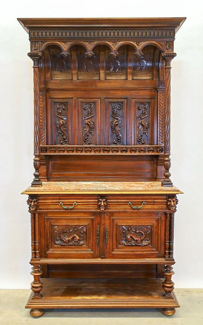 Heavily Detailed Marble Top Concave Dragon Carved Oak Tall Buffet