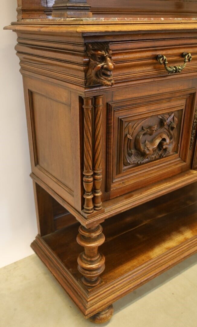 photo for sale Heavily Detailed Marble Top Concave Dragon Carved Oak Tall Buffet