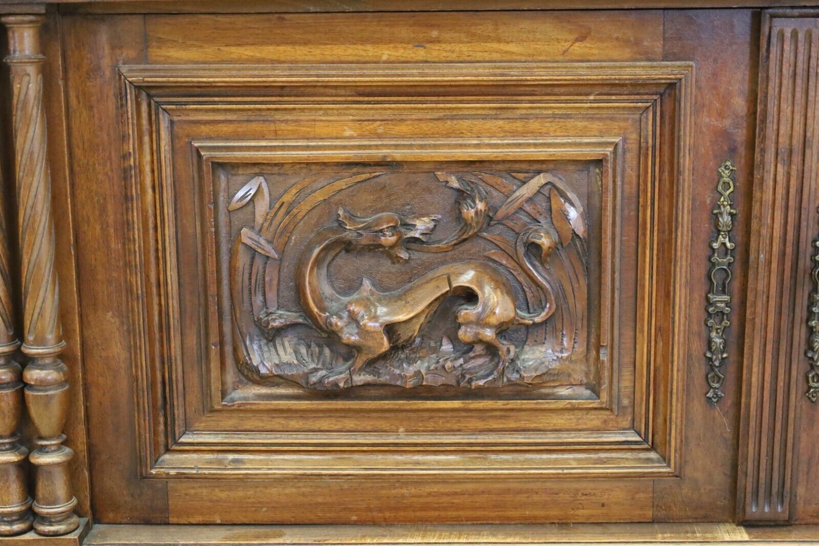 Furniture Heavily Detailed Marble Top Concave Dragon Carved Oak Tall Buffet photo