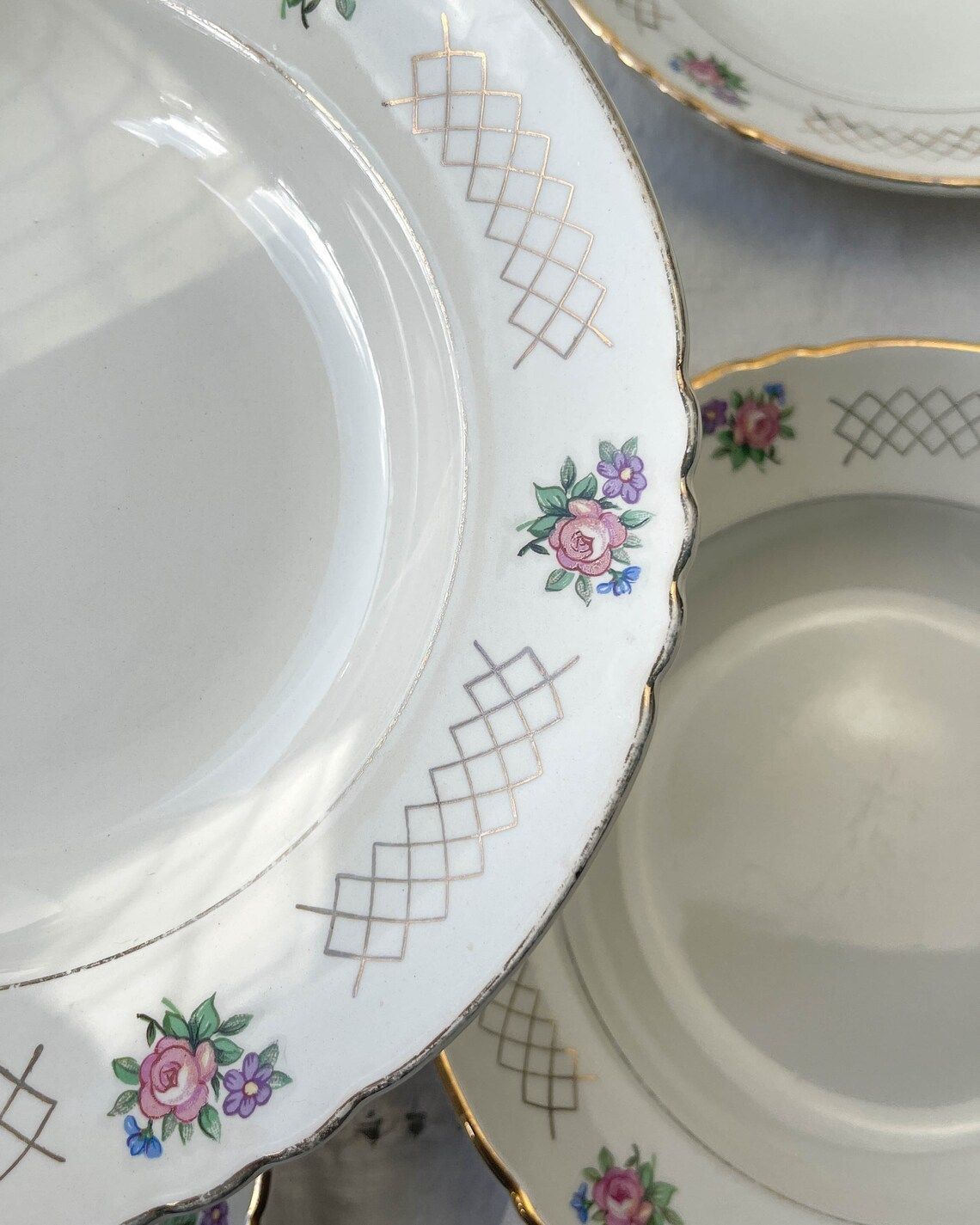 6 Soup Plates In Flowered Earthenware Moulin Des Loups Model "Cordoba" Vintage ~ Golden Pink Flower Plates ~ French Vintage Tableware photo vintage