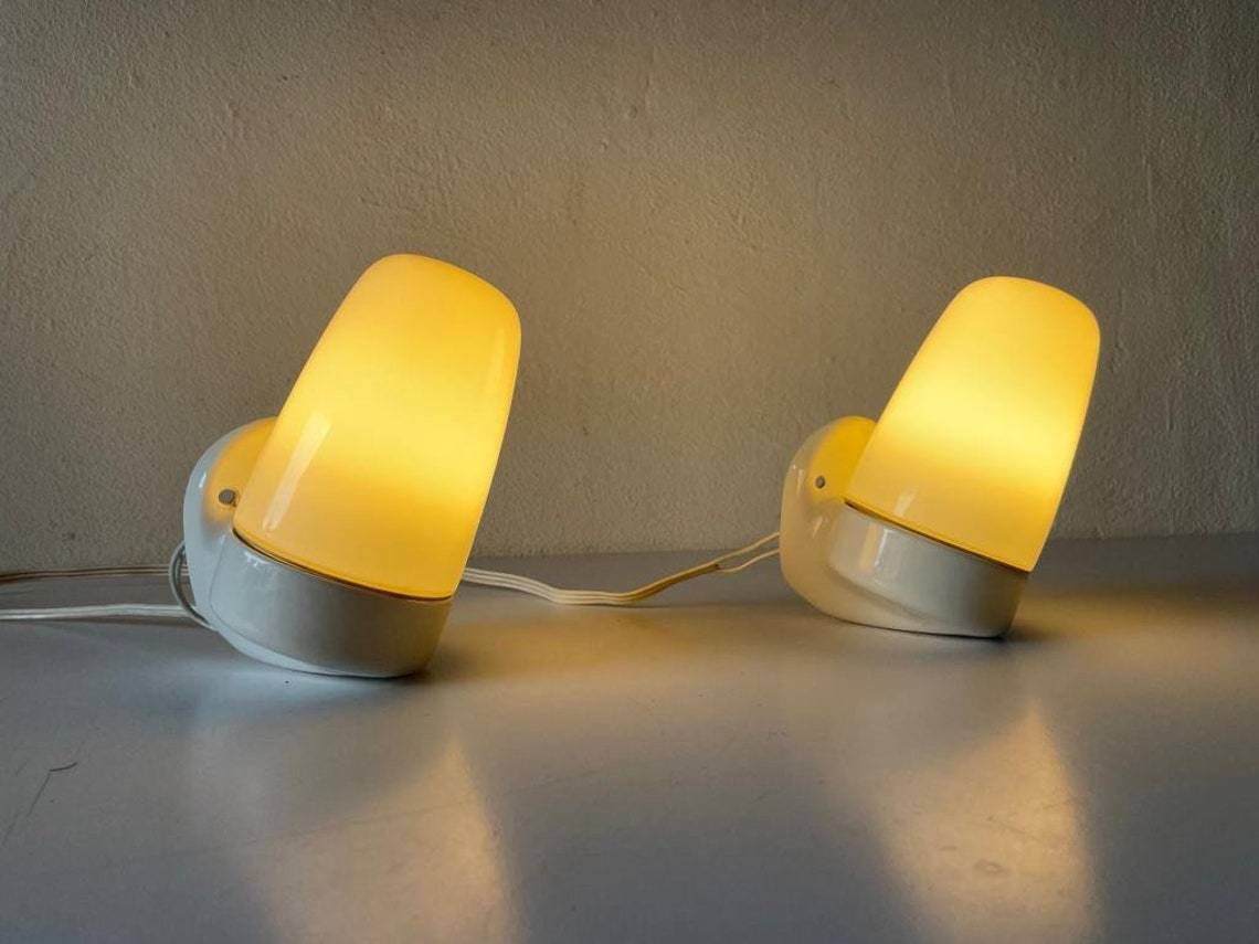 Opal Glass And Porcelain Bauhaus Pair Of Mirror Sconces By Wilhelm Wagenfeld For Lindner, 1950s, Germany photo for sale