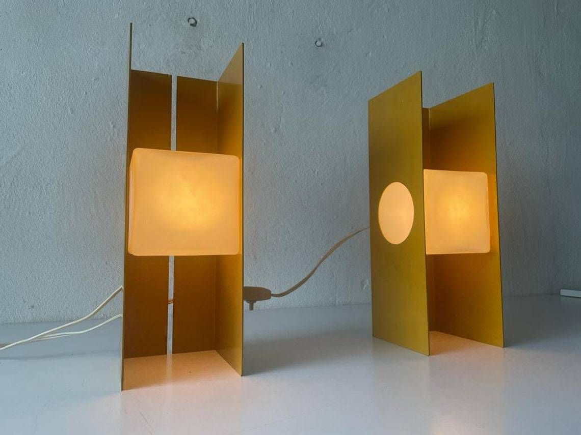 Pair Of Yellow Metal Body And Opal Cube Glass Space Age Pair Of Italian Table Lamps By Luci, 1970s, Italy photo furniture