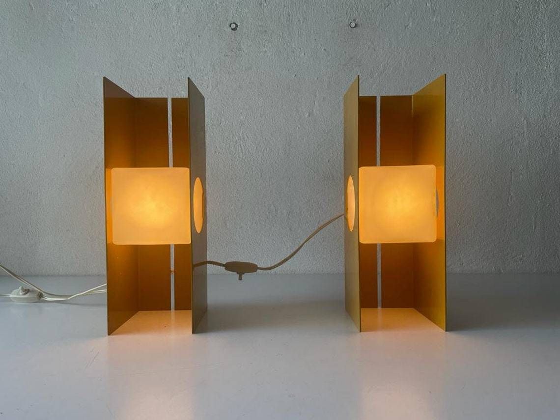 Pair Of Yellow Metal Body And Opal Cube Glass Space Age Pair Of Italian Table Lamps By Luci, 1970s, Italy photo Lighting