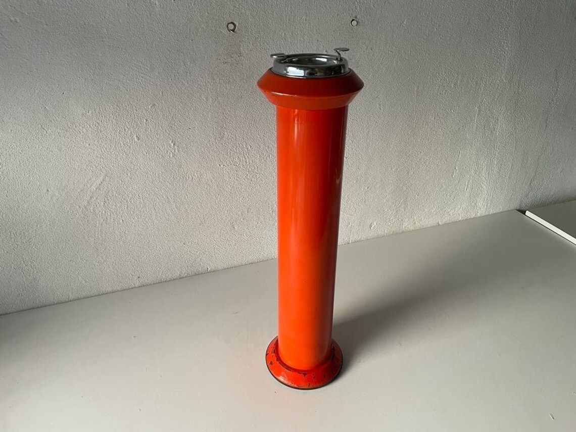 Wonderful Italian Orange Metal Cylindrical Industrial Ashtray, 1970s, Italy