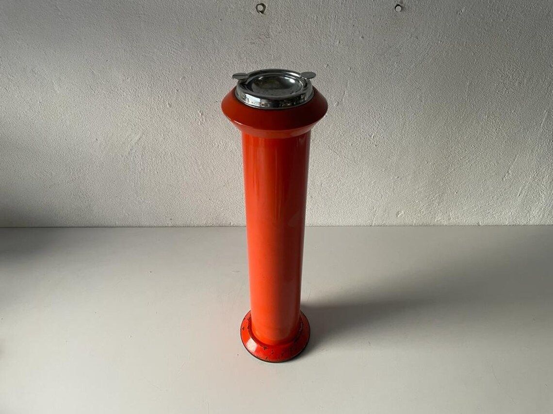 Wonderful Italian Orange Metal Cylindrical Industrial Ashtray, 1970s, Italy photo for sale