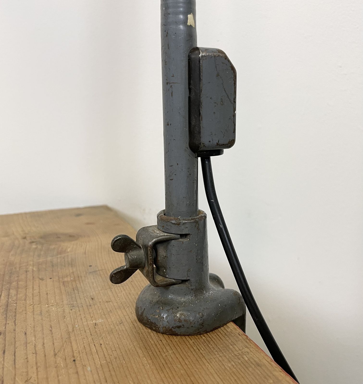 Industrial Grey Enamel Gooseneck Desk Lamp From Siemens, 1950s photo vinterior