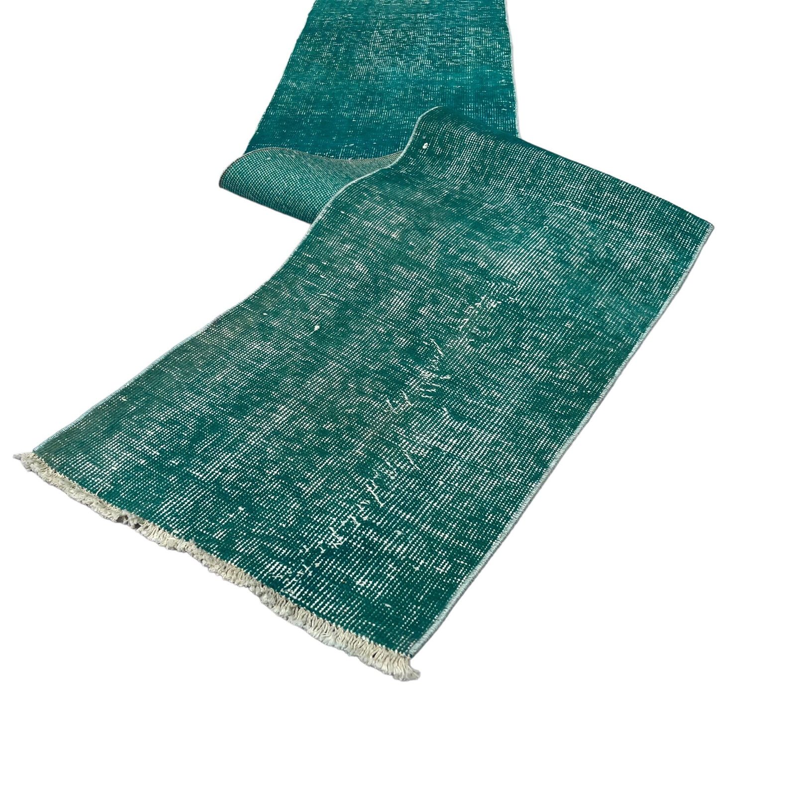 Distressed Turkish Narrow Runner Wool Vintage Rug Runner, Overdyed Green Rug Runner photo Textiles