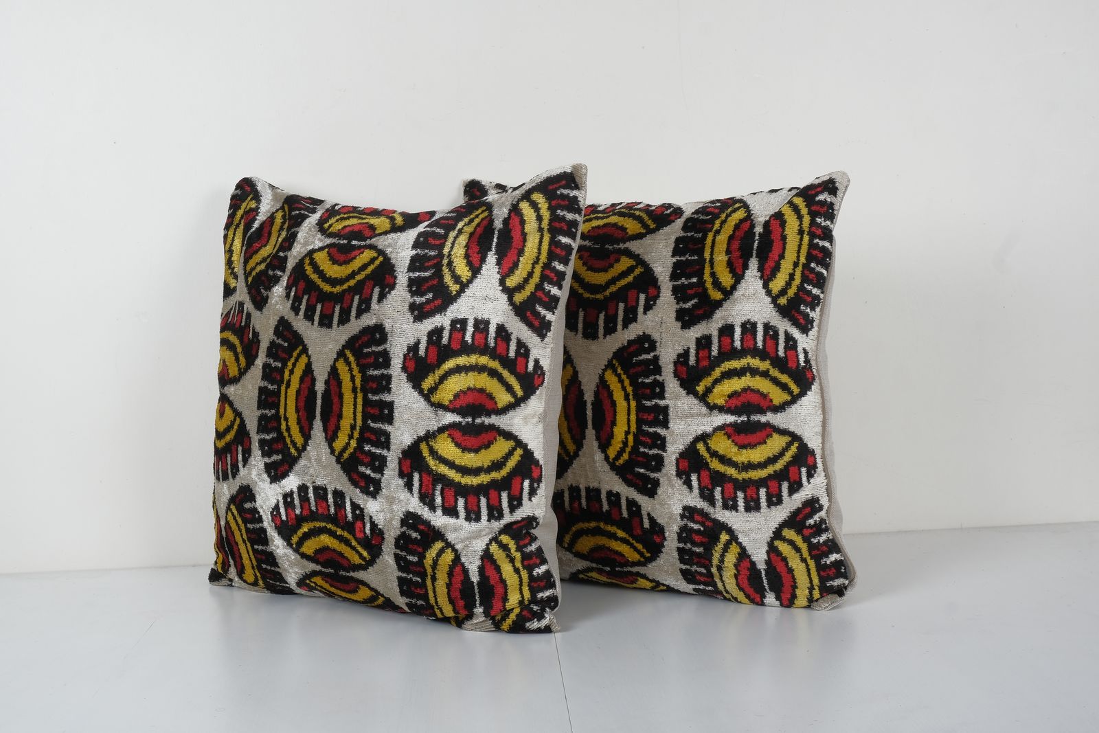Velvet Ikat Cushion   Square Matching Beige Silk Ikat Velvet Pillow Cover   Uzbek Home Decor 21'' X 22'' photo furniture