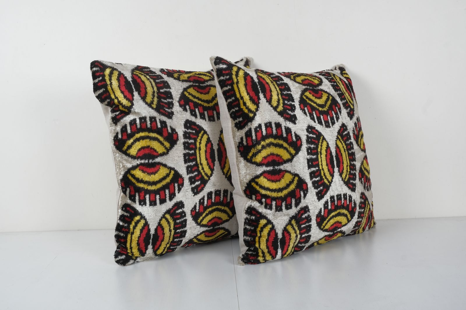 Velvet Ikat Cushion   Square Matching Beige Silk Ikat Velvet Pillow Cover   Uzbek Home Decor 21'' X 22'' photo for sale
