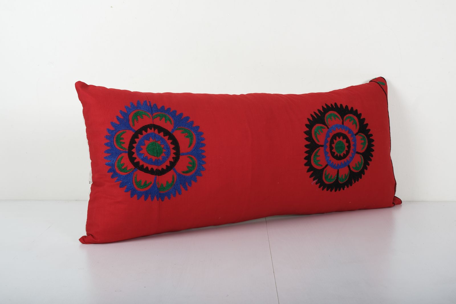 Turkish Red Suzani Hippie Cushion Cover, Samarkand Bedding Pillow Case Made From A 19th Century Suzani 14'' X 32'' photo for sale