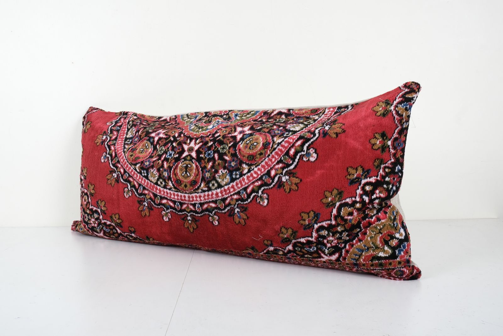 Turkish Velvet Pillow Cover   Floral Red Velvet Lumbar Pillow Case   Ethnic  Chic Cushion Cover 18'' X 38'' photo for sale