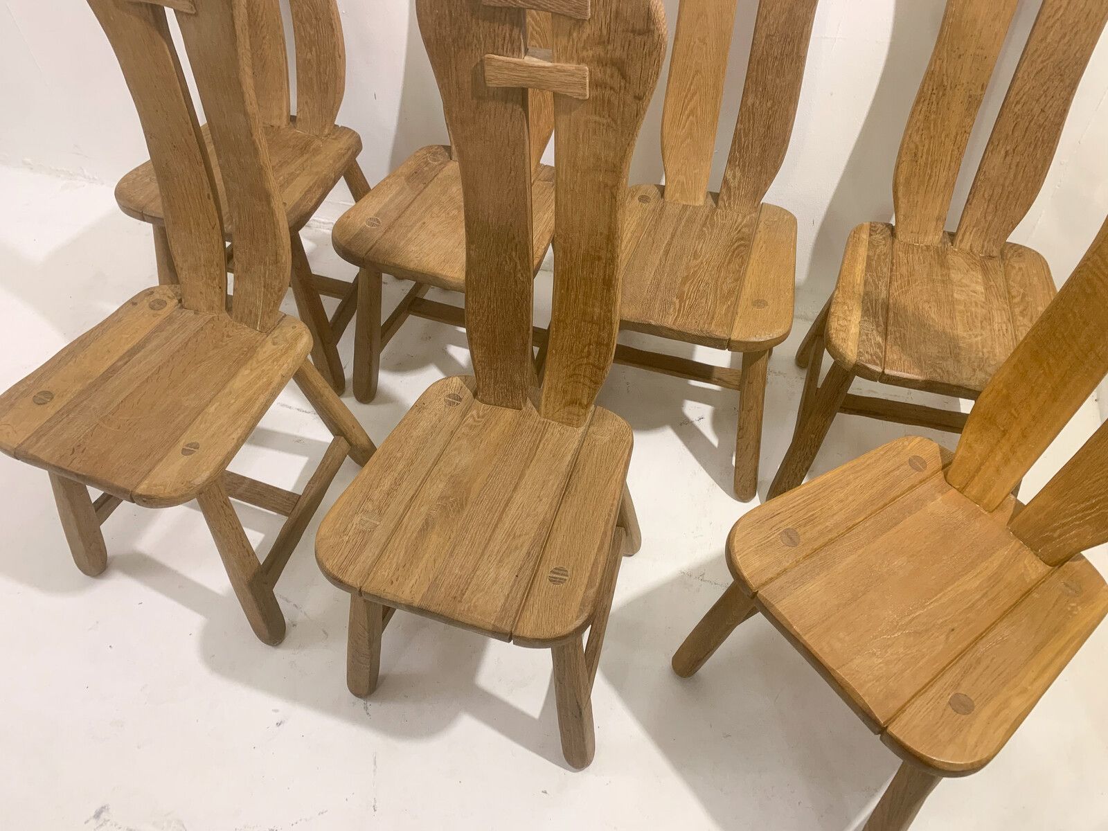 Set Of 7 Brutalist Oak Dining Chairs By De Puydt photo for sale