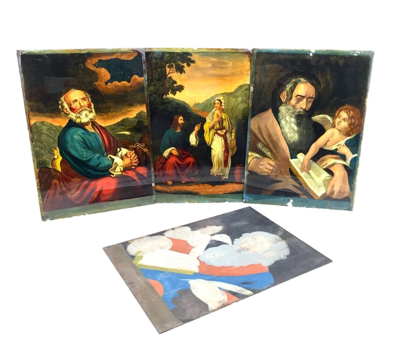 Antique 19th Century Set Of 4 Religious Reverse Glass Paintings By James Bateman photo vinterior