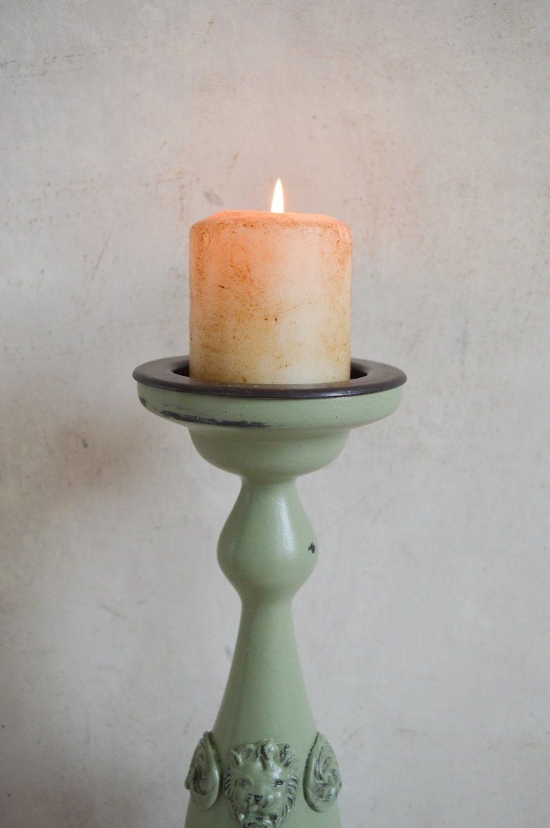 Large Lion Head & Leaf Pillar Candle Holder, Hand Painted In Sage Green, Hand Crafted Applique Moulds, 37x16cm photo Home Decor