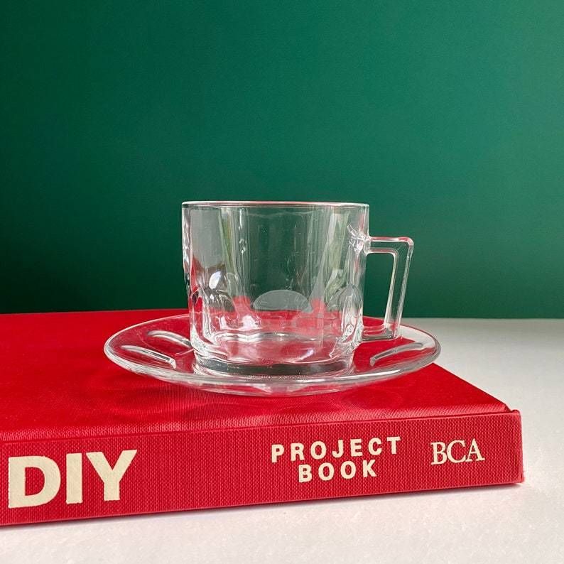 Vintage 14 Piece Arcoroc France Glass Coffee Cup Set | Britannia Thumbprint Tea Cups W/ Matching Saucers | Homeware photo furniture