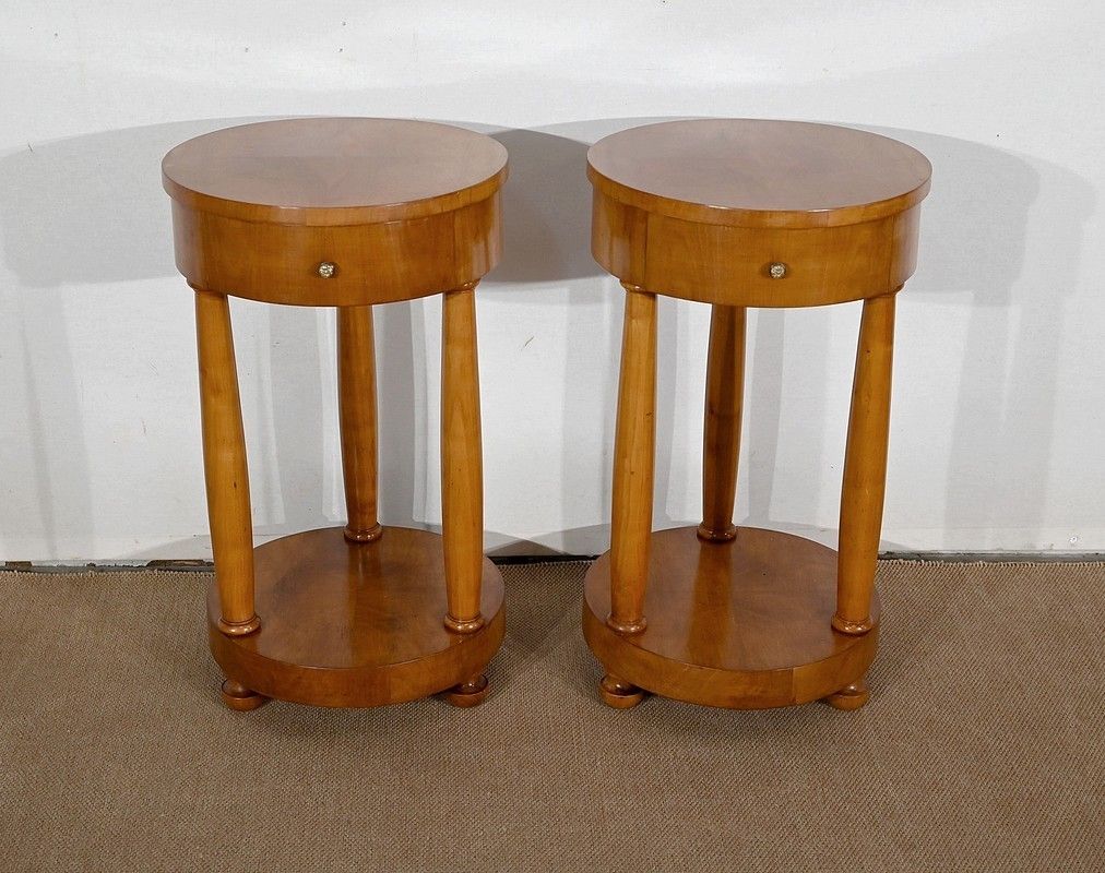 Pair Of Small Cherrywood Pedestal Tables, Empire Style, Mid 20th Century
