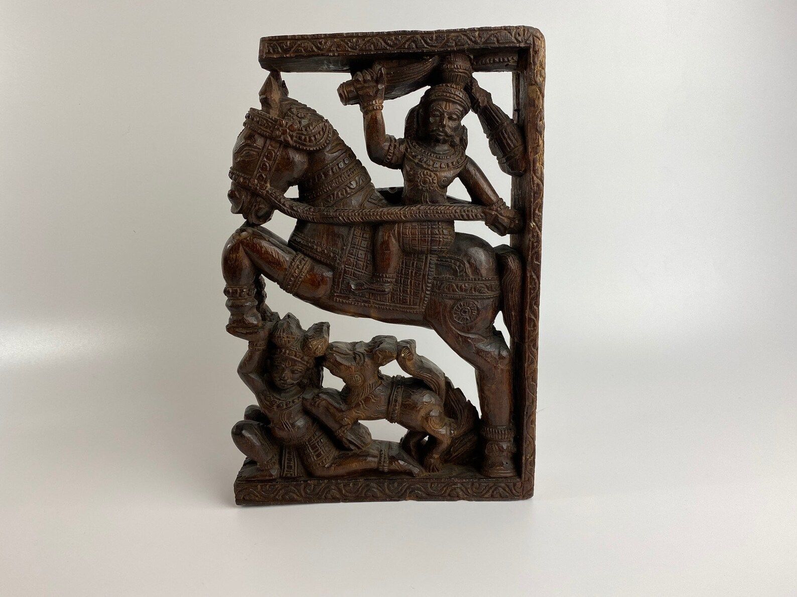Handmade Carving Panel Of Wood From Indian Temple Car To Celebrate Hindu Gods Man On Horse And Man With Dog photo buy