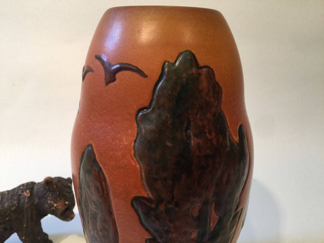 Art Nouveau Vase With Poplar Tree Motif From Danish Terra Cotta Factory Ipsen's Widow In The 1900s To 1920s, Orange Parrot Glaze photo furniture