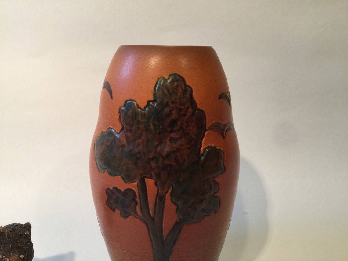 Art Nouveau Vase With Poplar Tree Motif From Danish Terra Cotta Factory Ipsen's Widow In The 1900s To 1920s, Orange Parrot Glaze photo for sale