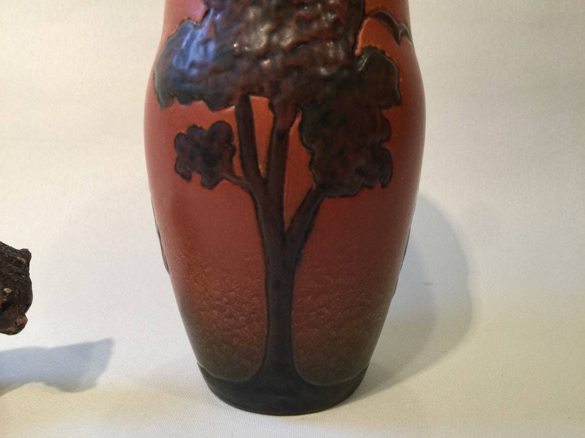 Art Nouveau Vase With Poplar Tree Motif From Danish Terra Cotta Factory Ipsen's Widow In The 1900s To 1920s, Orange Parrot Glaze photo Home Decor