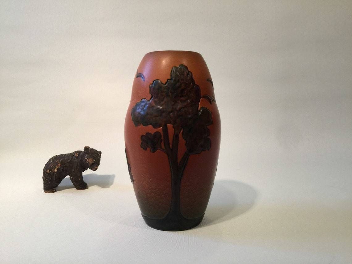 Art Nouveau Vase With Poplar Tree Motif From Danish Terra Cotta Factory Ipsen's Widow In The 1900s To 1920s, Orange Parrot Glaze photo buy