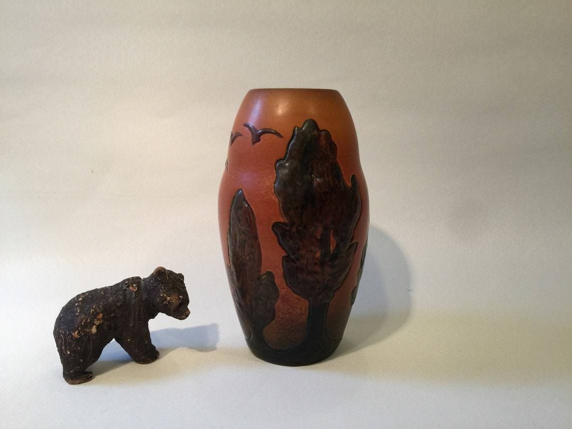 photo furniture Art Nouveau Vase With Poplar Tree Motif From Danish Terra Cotta Factory Ipsen's Widow In The 1900s To 1920s, Orange Parrot Glaze
