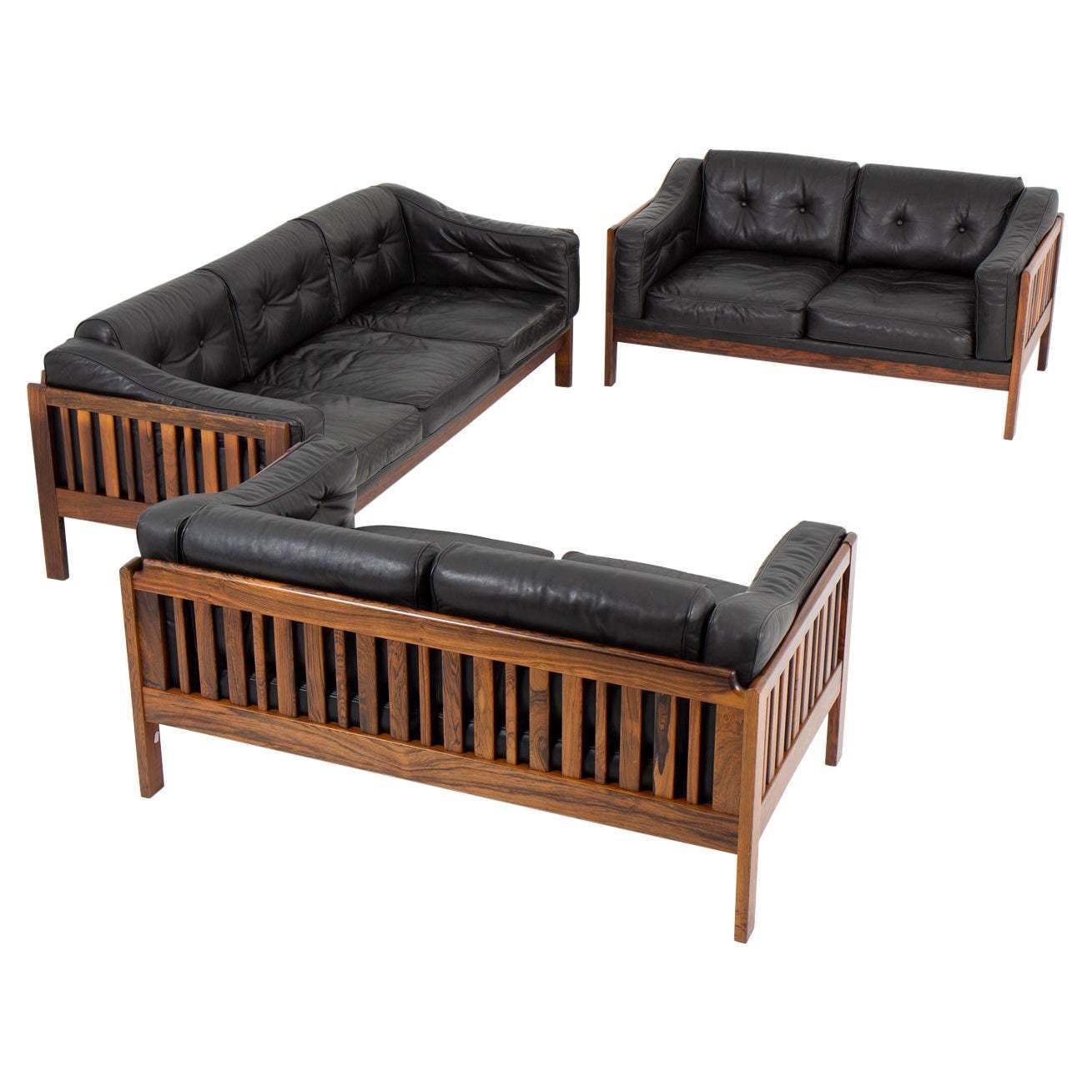 Scandinavian Rosewood And Black Leather Seating Group "Monte Carlo", 1965