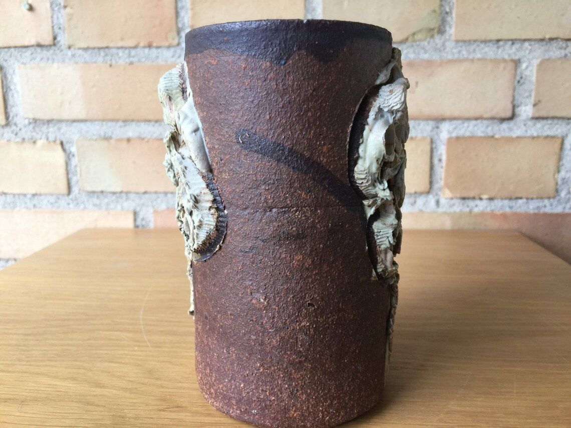 Brutalist Vase By Danish Ceramist Bodil Marie Nielsen, Own Studio, 1960s. Biomorph Form, Tree Pattern, Scandinavian Bohemian Art Potter photo furniture