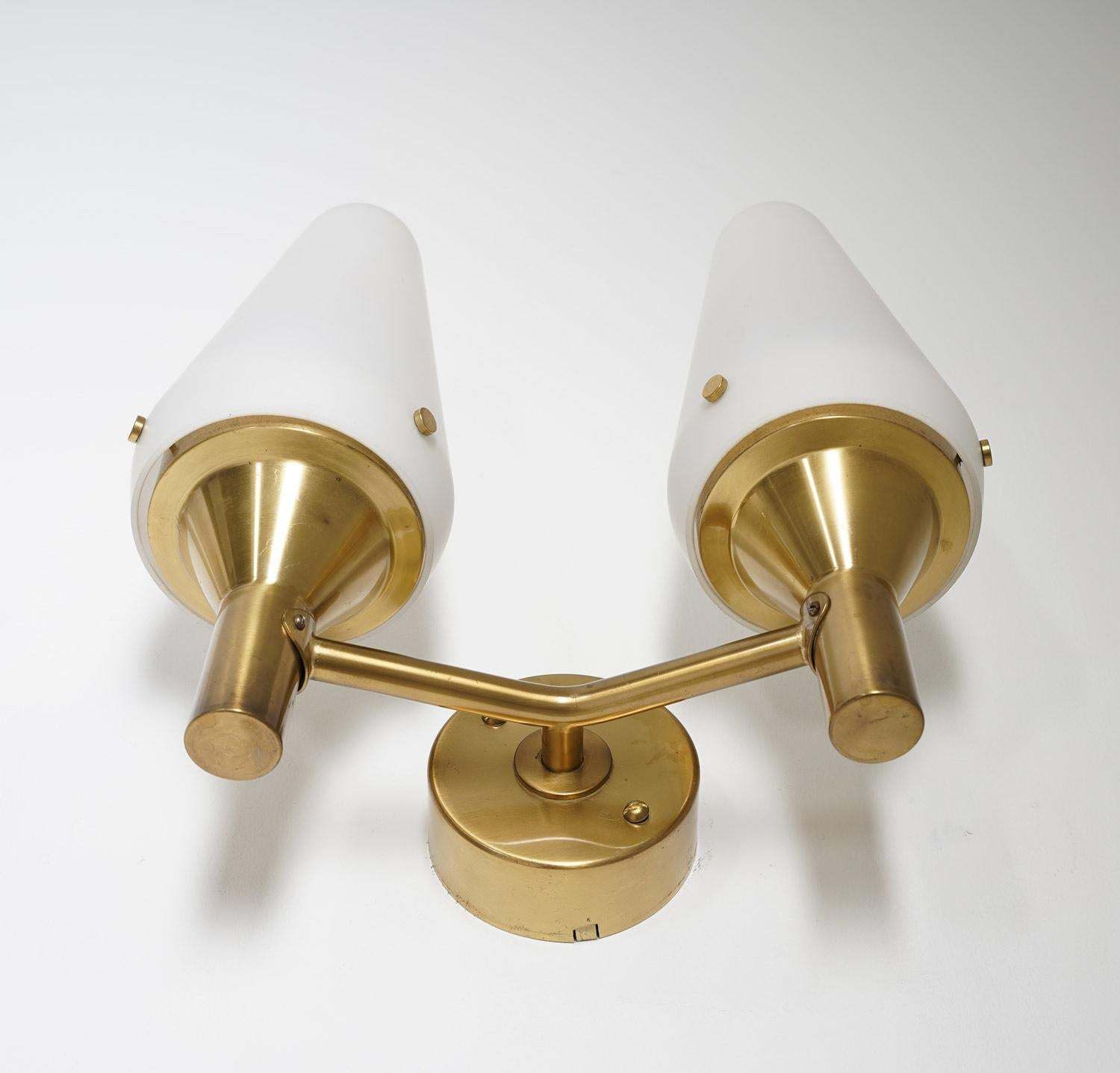 Pair Of Swedish Midcentury Wall Lamps In Brass And Glass photo 4005.0