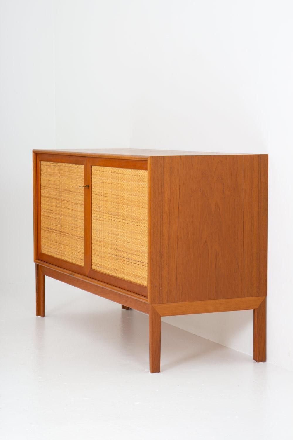 Pair Of Mid Century Scandinavian Sideboards In Teak And Rattan By Alf Svensson photo for sale