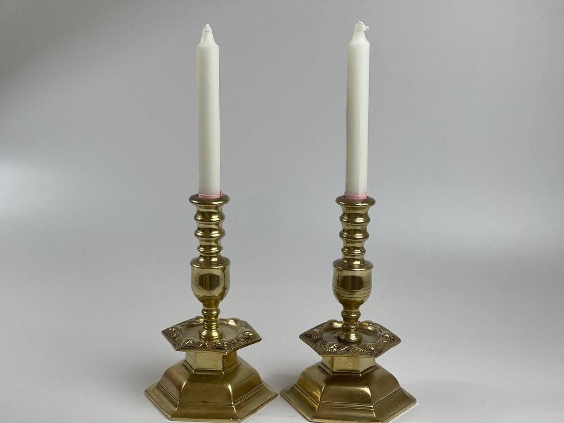 Pair Of Brass Candlesticks In Baroque Style Hexagonal With Angels Weight Approx 2 Kilos Per Candlestick photo furniture