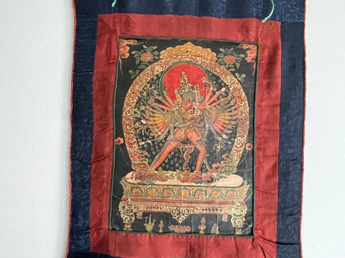 Shakti Thangka  Asian Buddhist  Hindu Thangka Painting Mounted In Hand Stitched Cloth 20th Century photo furniture