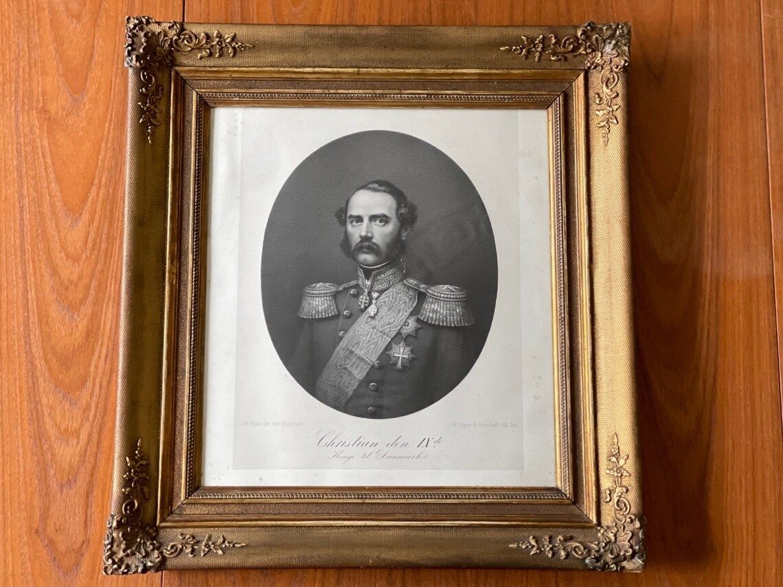 photo furniture 19th Century Picture Frame With Glass Wood With Tulle Fabric And Gilding With Print By Christian The Ix King Of Denmark