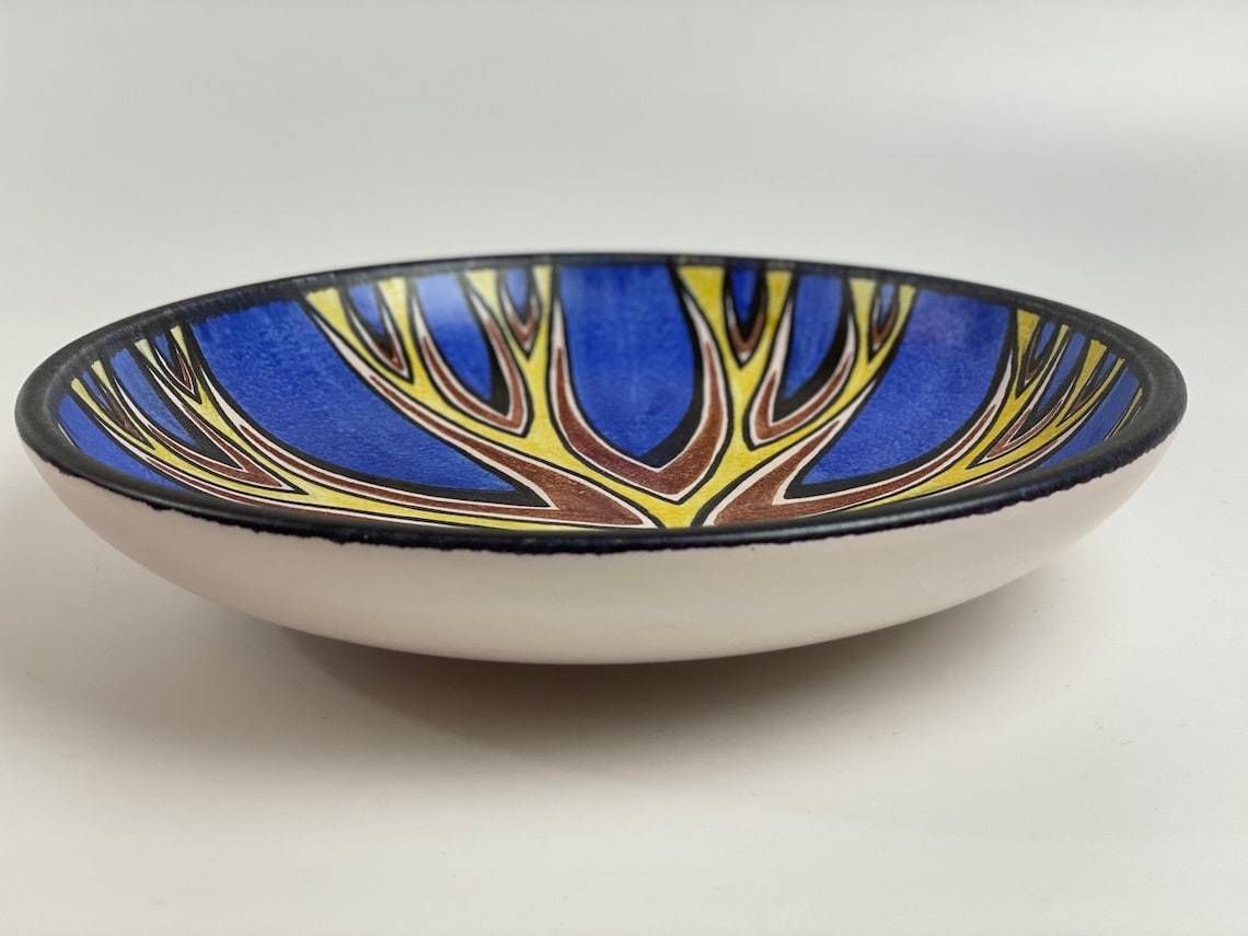 Striking Blue And Yellow Bowl / Wall Hanging By Rigmor Nielsen For Danish Pottery Soholm In Denmark, Danish Mid Century Modern, 1950 1960s photo for sale