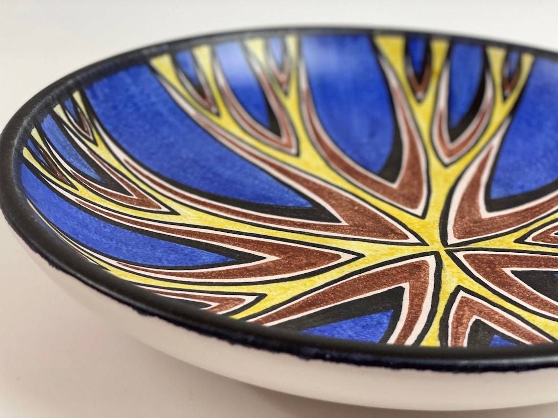 Striking Blue And Yellow Bowl / Wall Hanging By Rigmor Nielsen For Danish Pottery Soholm In Denmark, Danish Mid Century Modern, 1950 1960s photo Home Decor