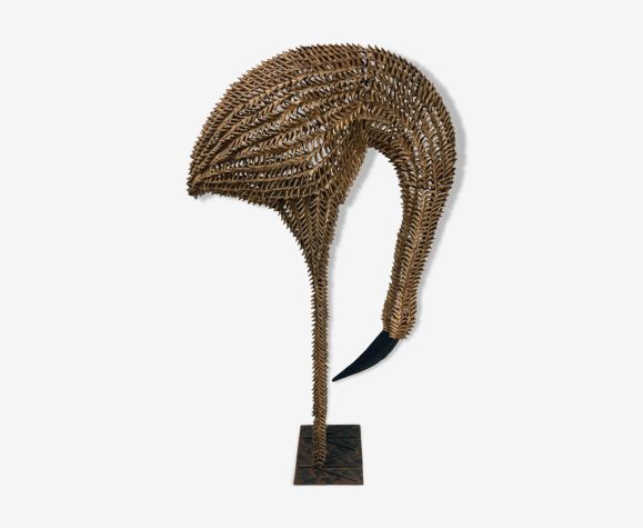 1960s Bamboo Rattan Wicker Crane Flamingo Bird Lamp USA