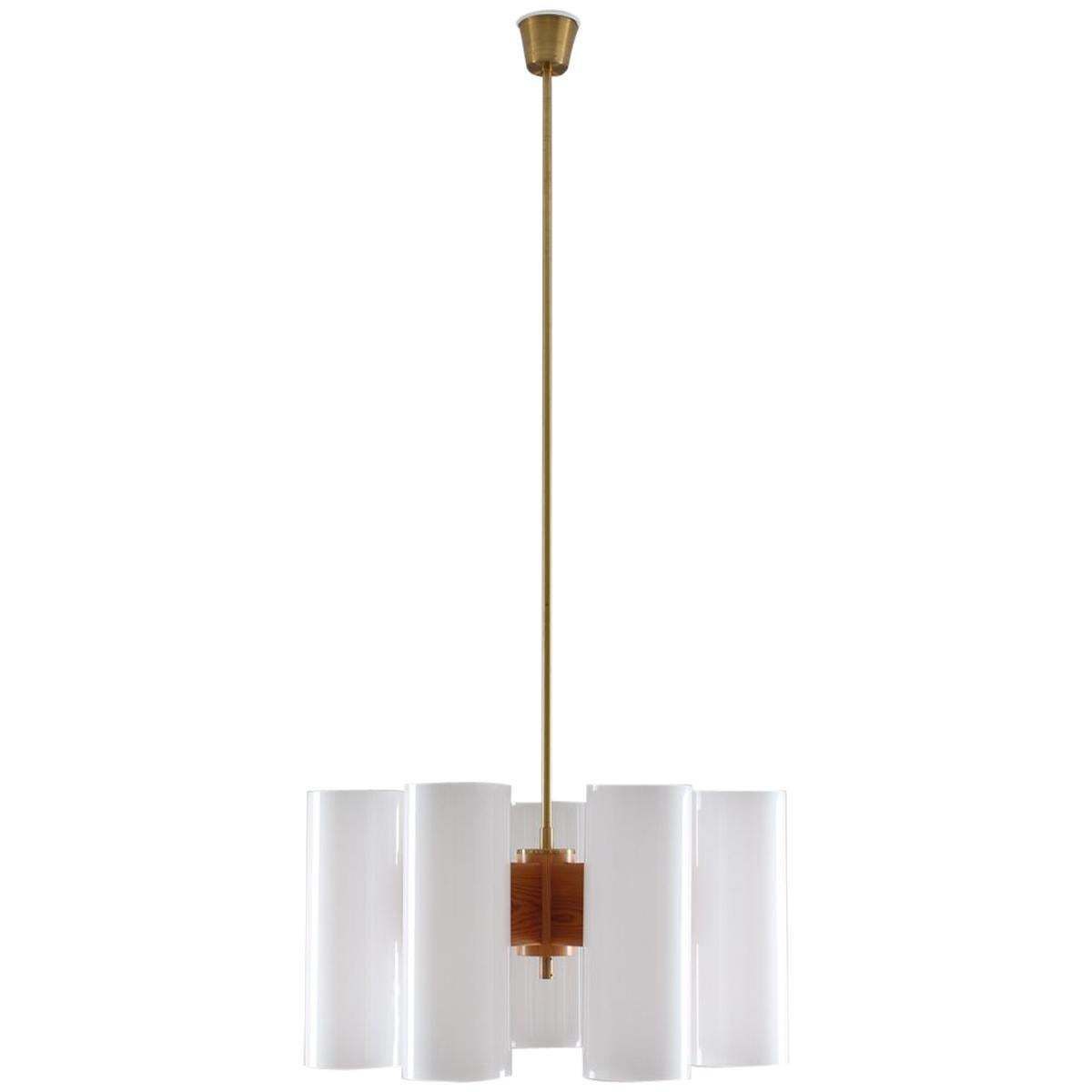 Pair Of Large Swedish Midcentury Chandeliers In Acrylic, Pine And Brass By Luxus