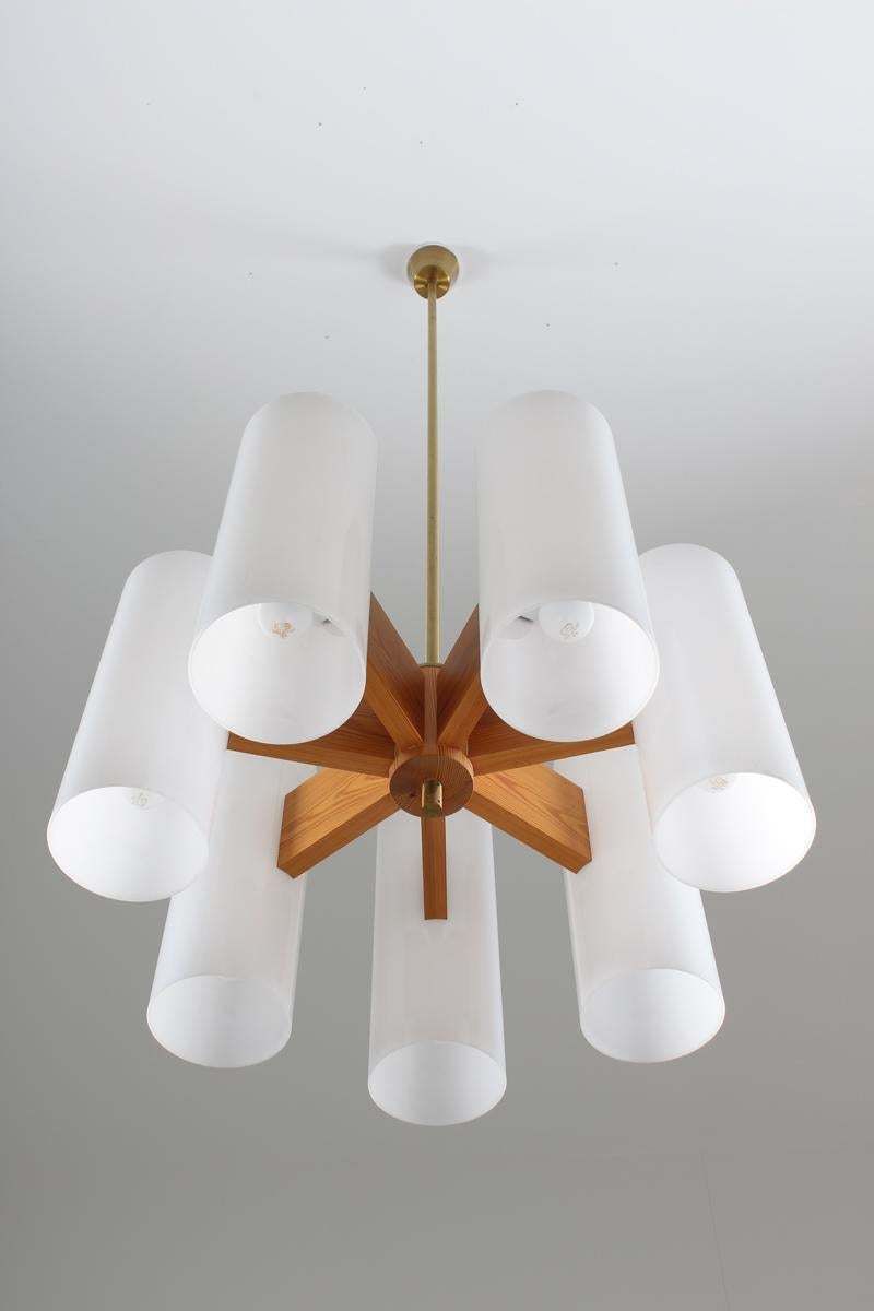 Pair Of Large Swedish Midcentury Chandeliers In Acrylic, Pine And Brass By Luxus photo 3382.0