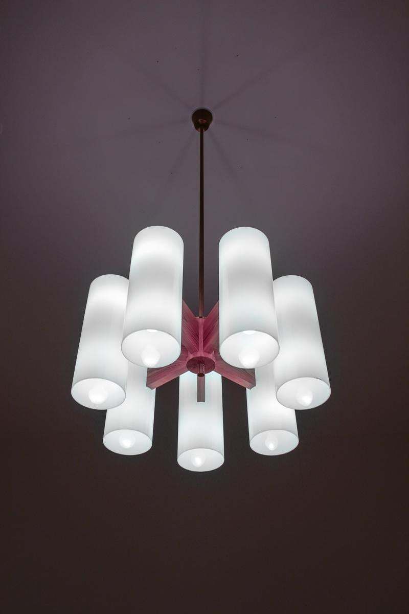 photo furniture Pair Of Large Swedish Midcentury Chandeliers In Acrylic, Pine And Brass By Luxus