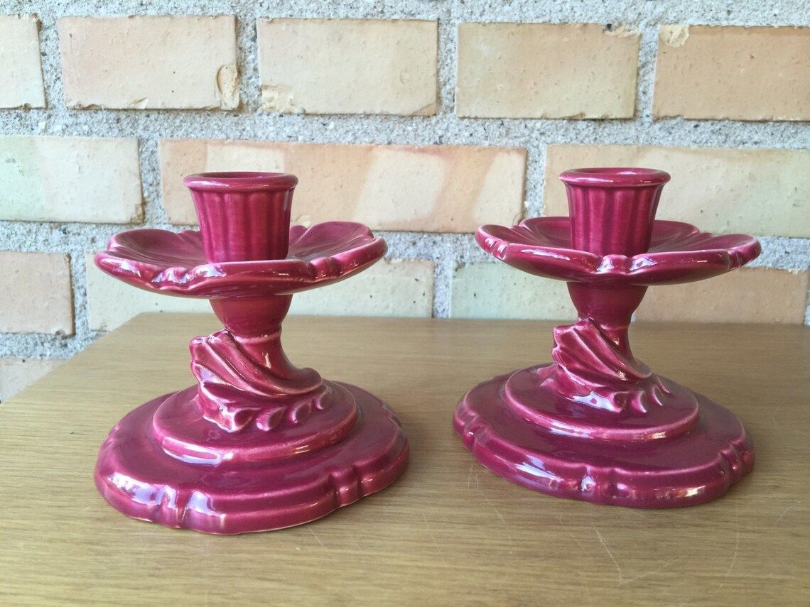 A Pair Of Red Swedish Pottery Candlesticks, 1960s, Scandinavian Mid Century Modern, Could Be From The Studio Pottery Rutebo photo furniture