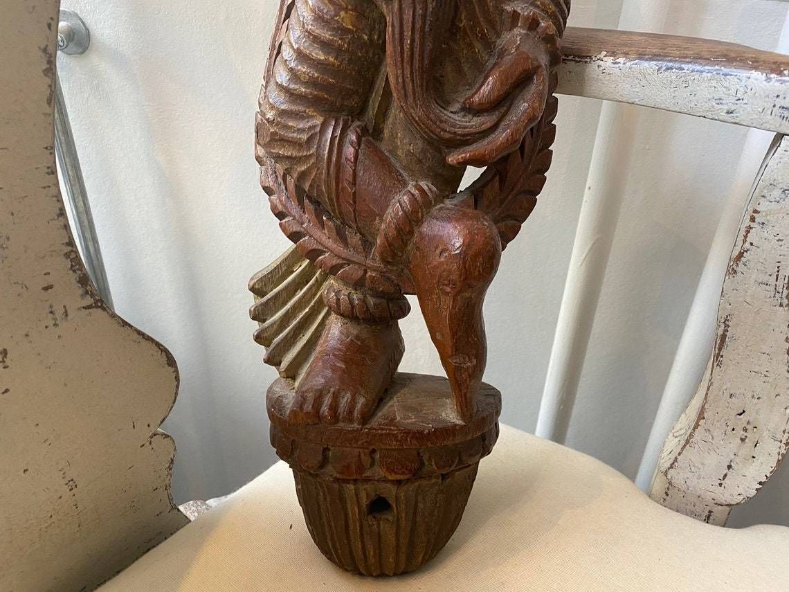 Ancient Asian Female Figure / Wallhanging Hand Carved In Wood With Gildings, Probably Hindu Goddess, Circa 1900 photo Home Decor