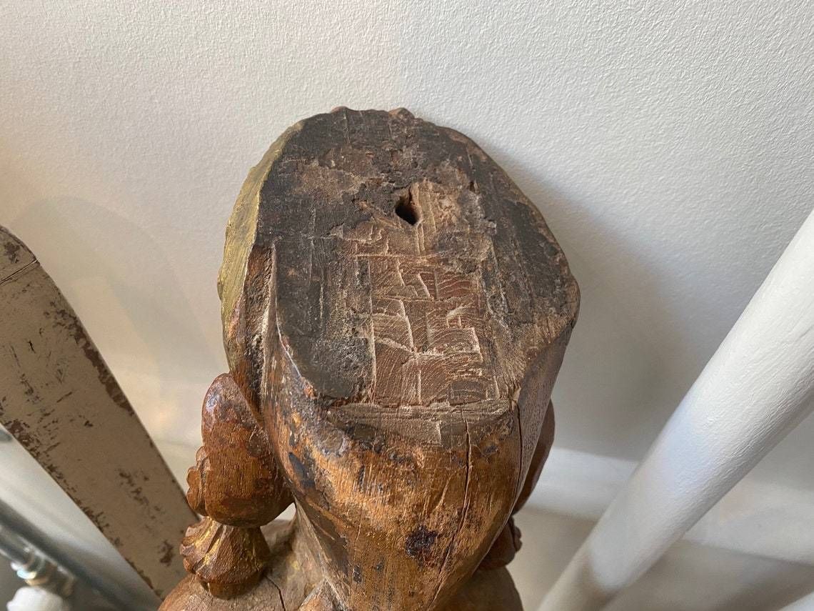Ancient Asian Female Figure / Wallhanging Hand Carved In Wood With Gildings, Probably Hindu Goddess, Circa 1900 photo 330.0