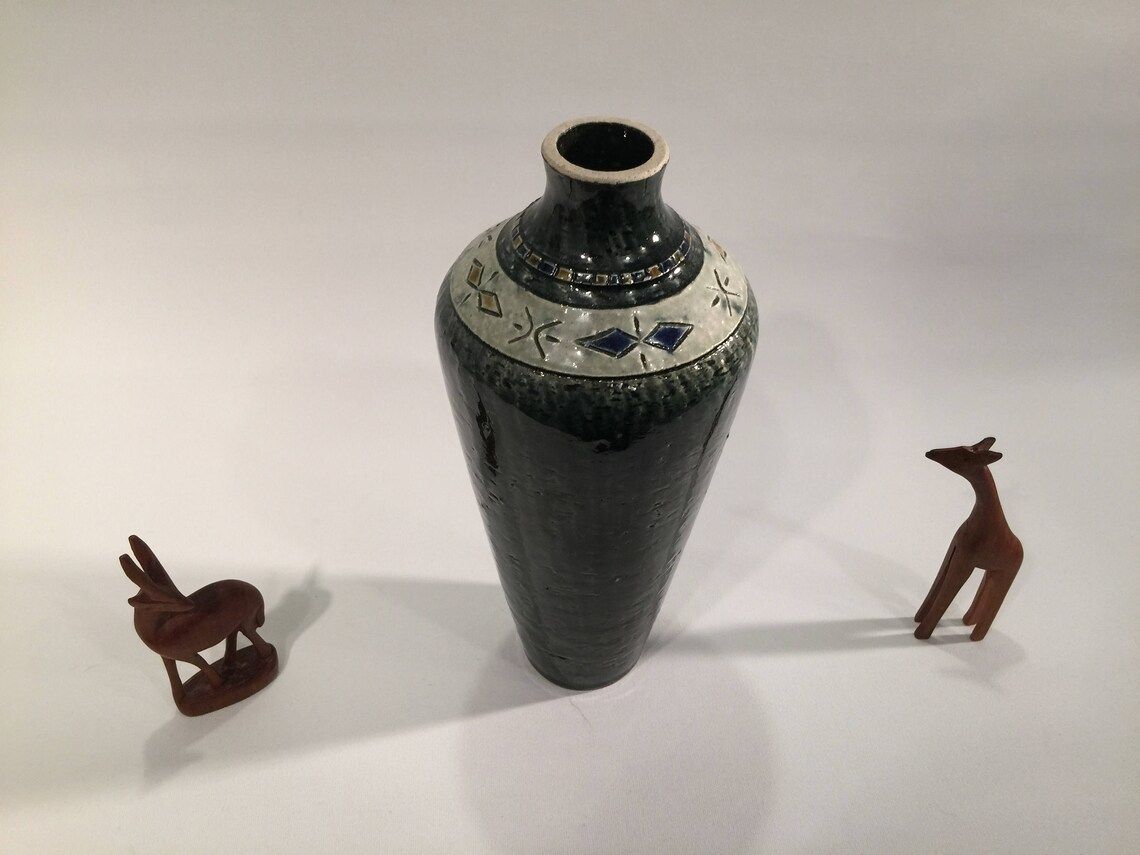 Vase, Swedish Green Glazed Chamotte With Incised Geometric Pattern By Yngve Blixt, Own Studio In Hoganas, 1960s, Scandinavian Home Decor photo furniture